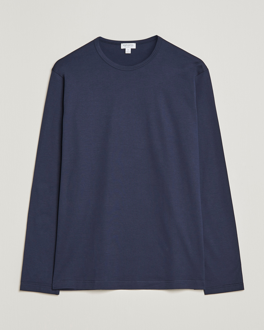 Men | T-Shirts | Sunspel | Long Sleeve Crew Neck Cotton Tee Navy