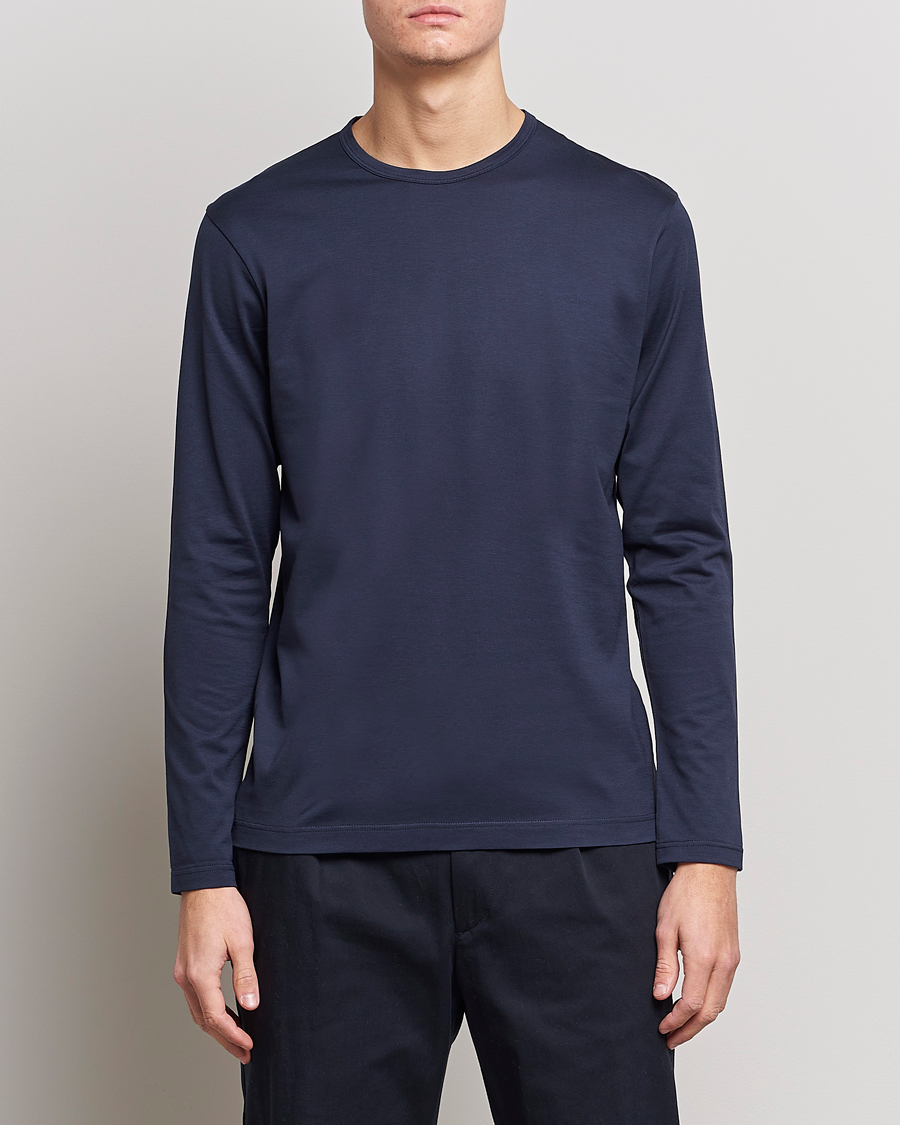 Men | T-Shirts | Sunspel | Long Sleeve Crew Neck Cotton Tee Navy