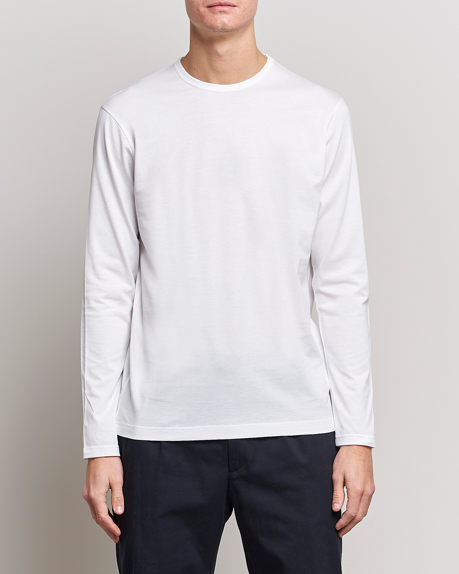Men | T-Shirts | Sunspel | Long Sleeve Crew Neck Cotton Tee White