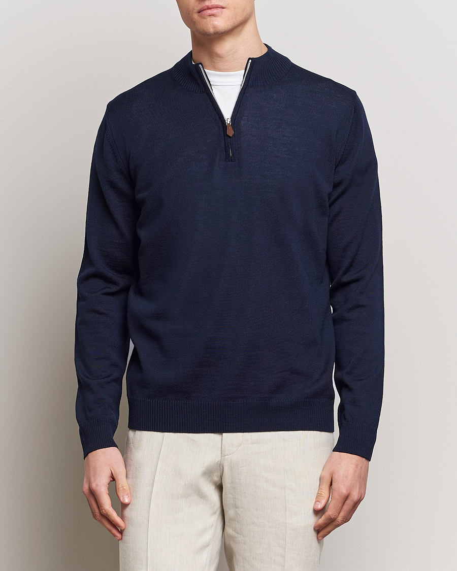 Men | Sweaters & Knitwear | Stenströms | Merino Wool Half Zip Navy