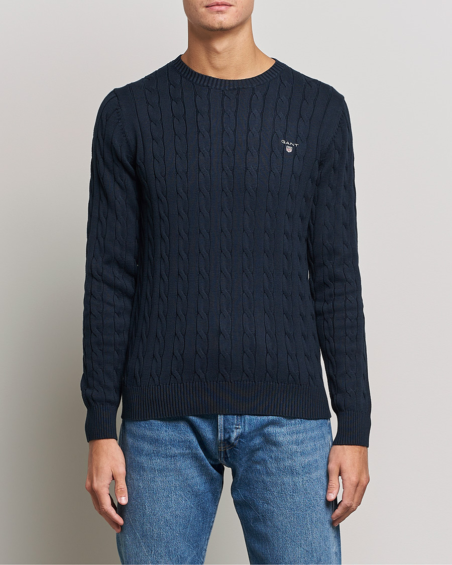 Men | Sweaters & Knitwear | GANT | Cotton Cable Crew Neck Pullover Evening Blue