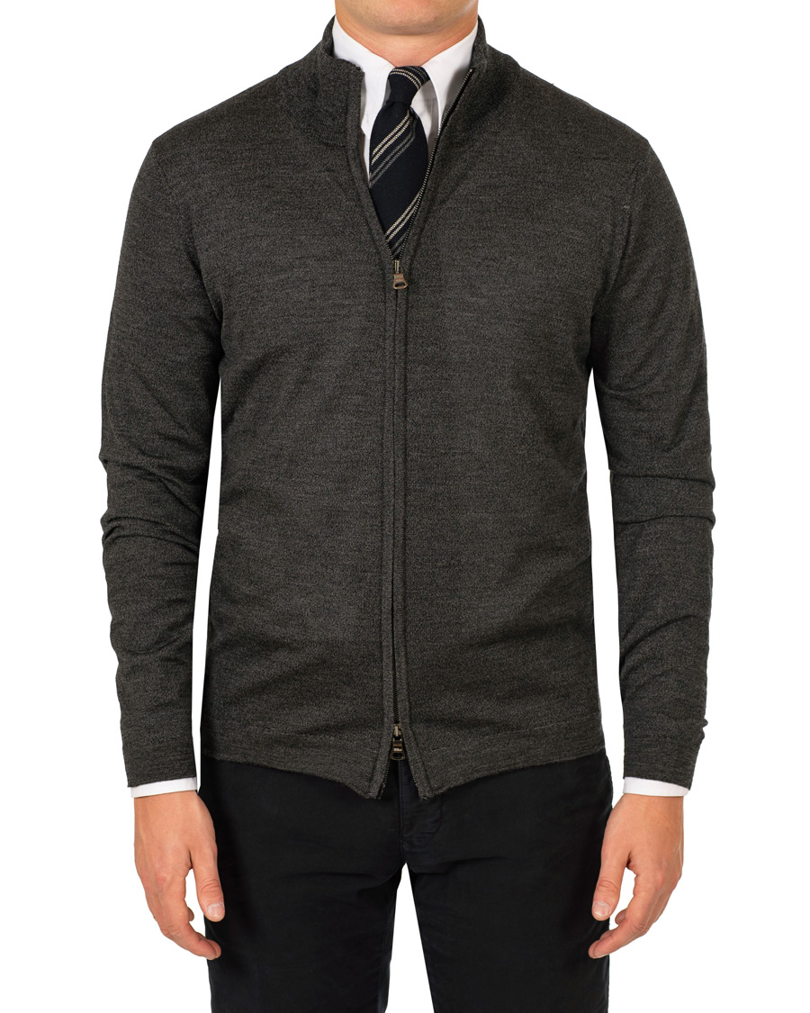 Men | Sweaters & Knitwear | Oscar Jacobson | Ariel Extra Fine Merino Full Zip Grey