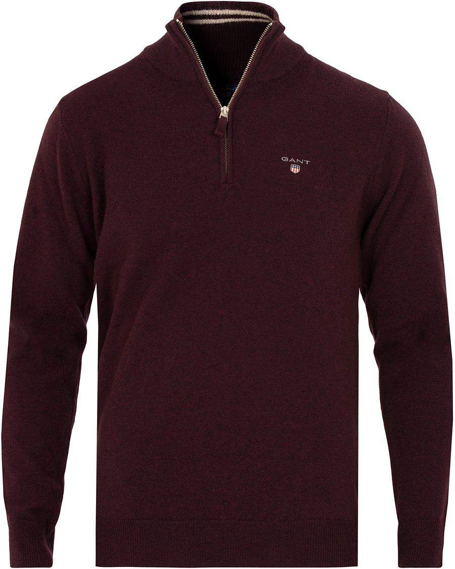 Men | Sweaters & Knitwear | GANT | Superfine Lambswool Half Zip Dark Burgundy Melange