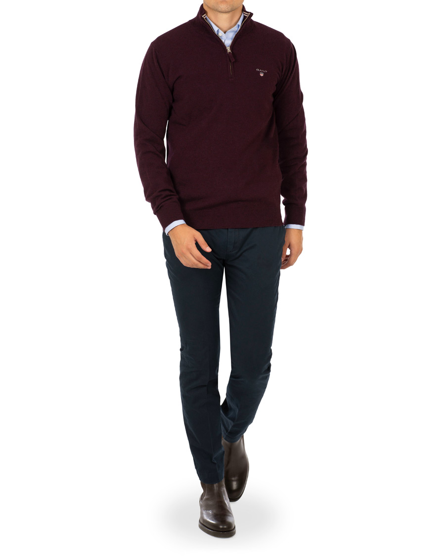 Men | Sweaters & Knitwear | GANT | Superfine Lambswool Half Zip Dark Burgundy Melange