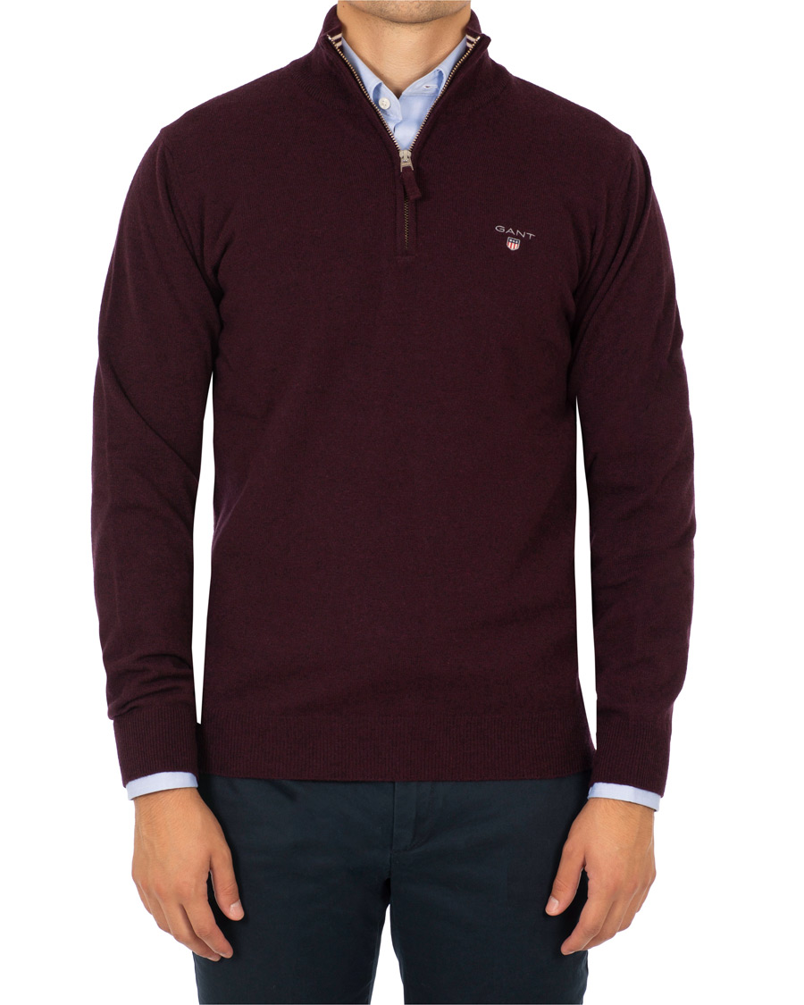 Men | Sweaters & Knitwear | GANT | Superfine Lambswool Half Zip Dark Burgundy Melange