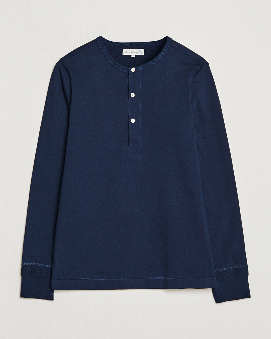 Men | Sweaters & Knitwear | Merz b. Schwanen | Classic Organic Cotton Henley Sweater Ink Blue