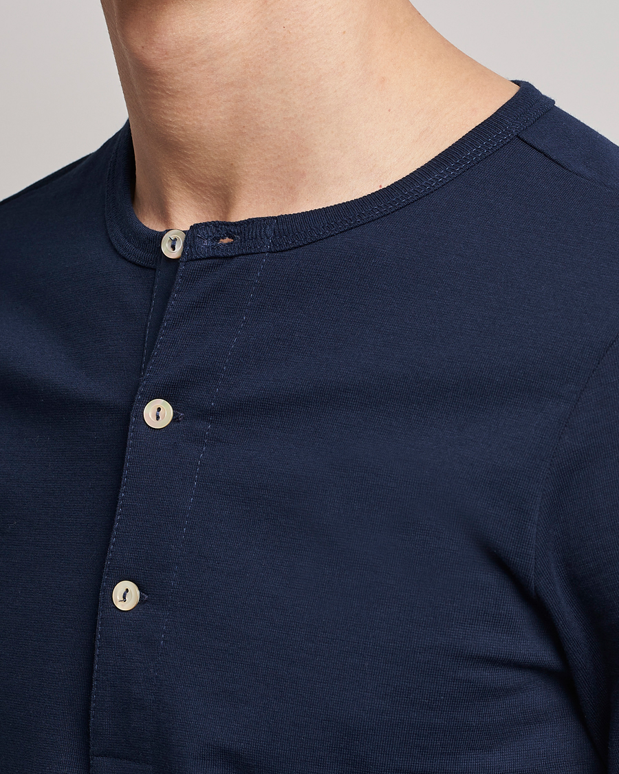 Men | Sweaters & Knitwear | Merz b. Schwanen | Classic Organic Cotton Henley Sweater Ink Blue