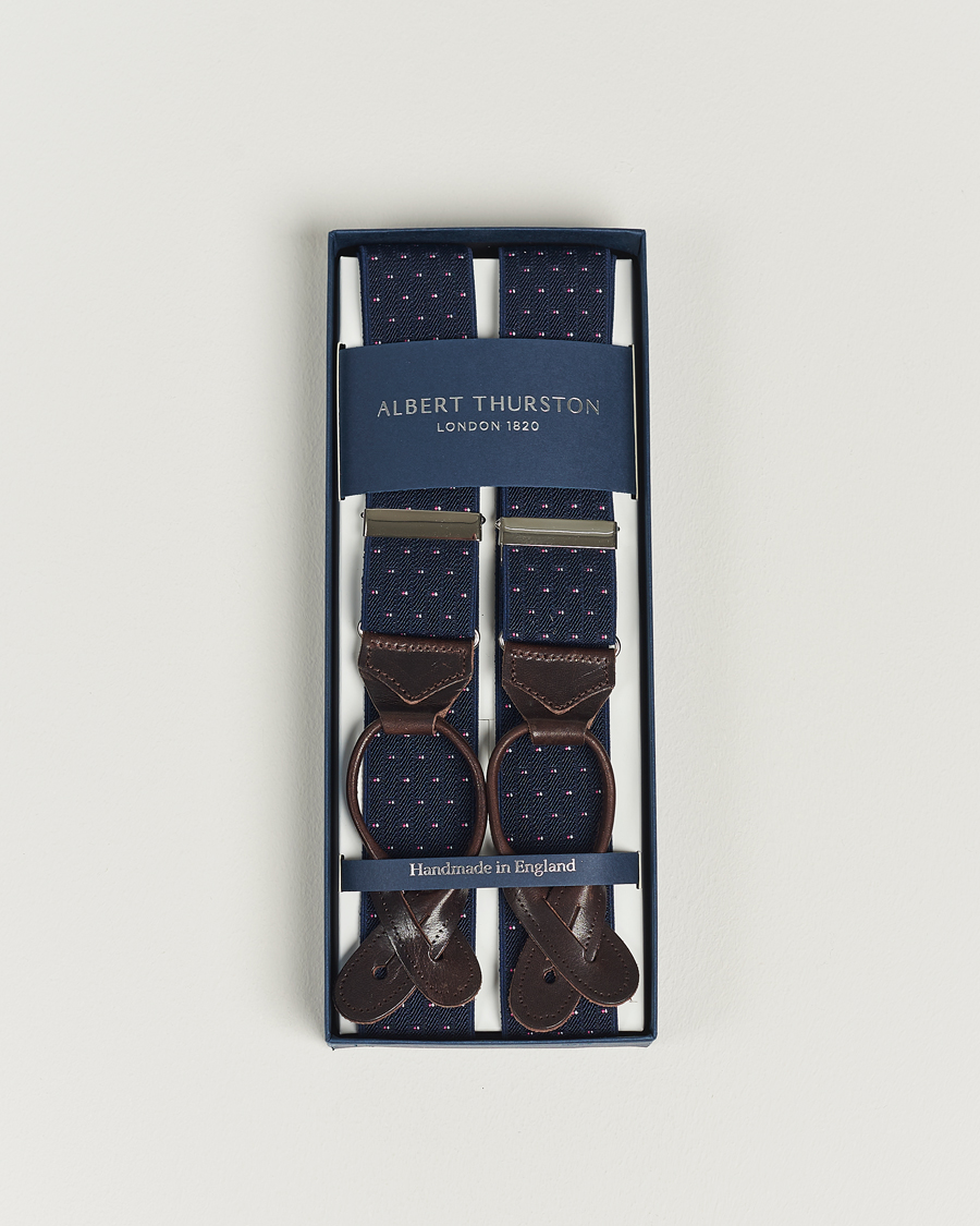 Men | Albert Thurston Elastic Dot Braces 35mm Blue | Albert Thurston | Elastic Dot Braces 35mm Blue