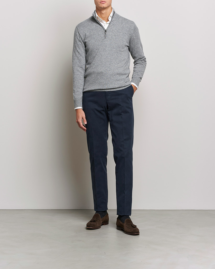 Men | Sweaters & Knitwear | Piacenza Cashmere | Cashmere Half Zip Sweater Light Grey