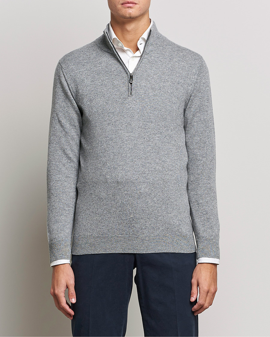 Men | Sweaters & Knitwear | Piacenza Cashmere | Cashmere Half Zip Sweater Light Grey