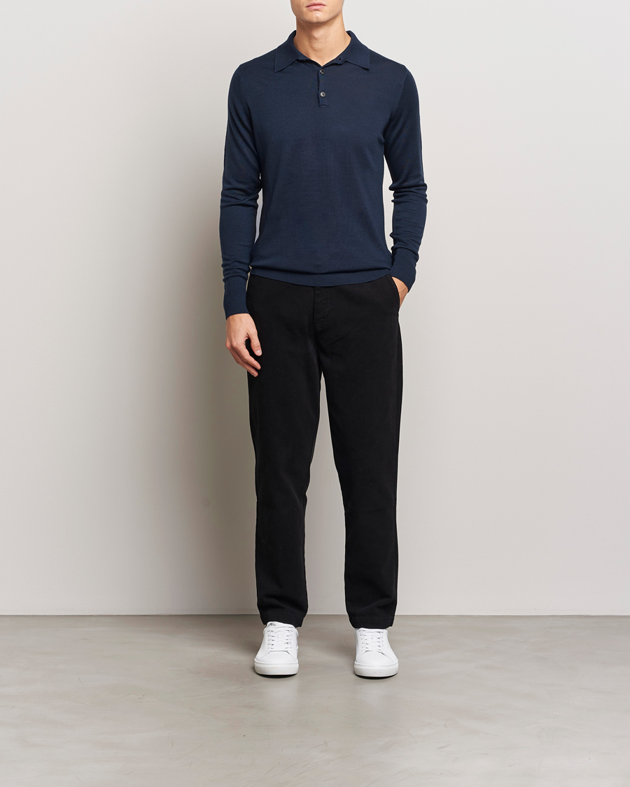 Men | Sweaters & Knitwear | Sunspel | Long Sleeve Polo Navy