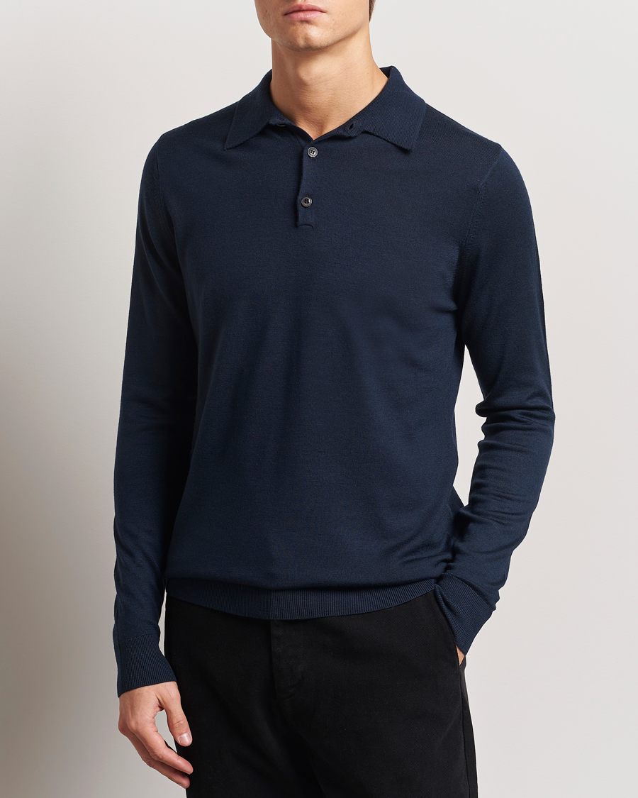 Men | Sweaters & Knitwear | Sunspel | Long Sleeve Polo Navy