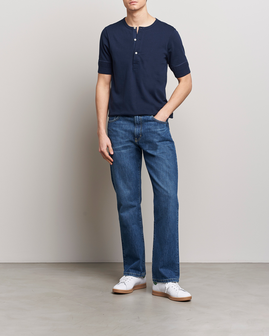 Men | Sweaters & Knitwear | Merz b. Schwanen | Short Sleeve Organic Cotton Henley Ink Blue