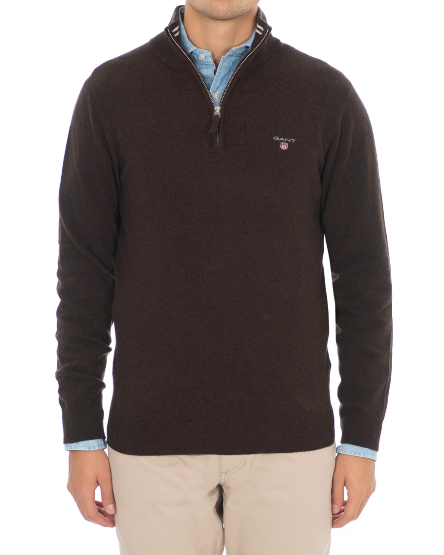 Men | Sweaters & Knitwear | GANT | Lambswool Half Zip Dark Brown