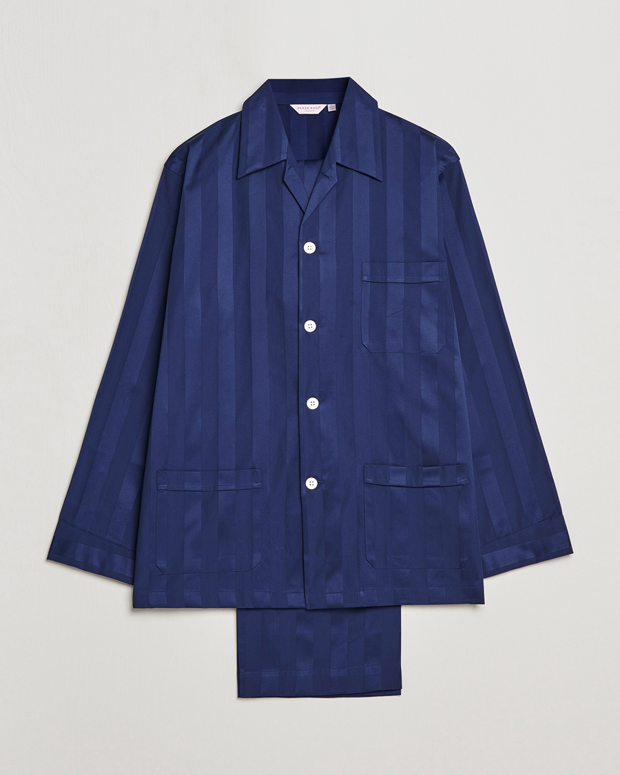 Men | Pyjamas & Robes | Derek Rose | Striped Cotton Satin Pyjama Set Navy