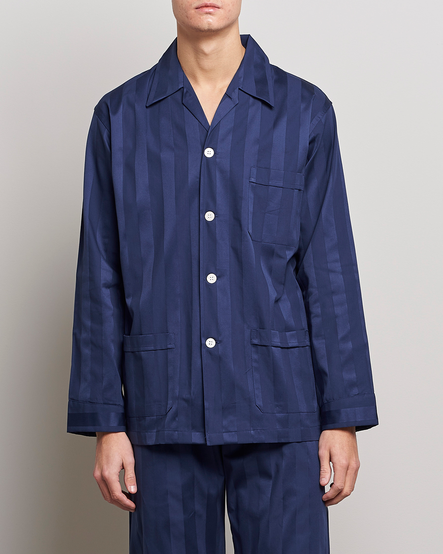 Men | Pyjamas & Robes | Derek Rose | Striped Cotton Satin Pyjama Set Navy