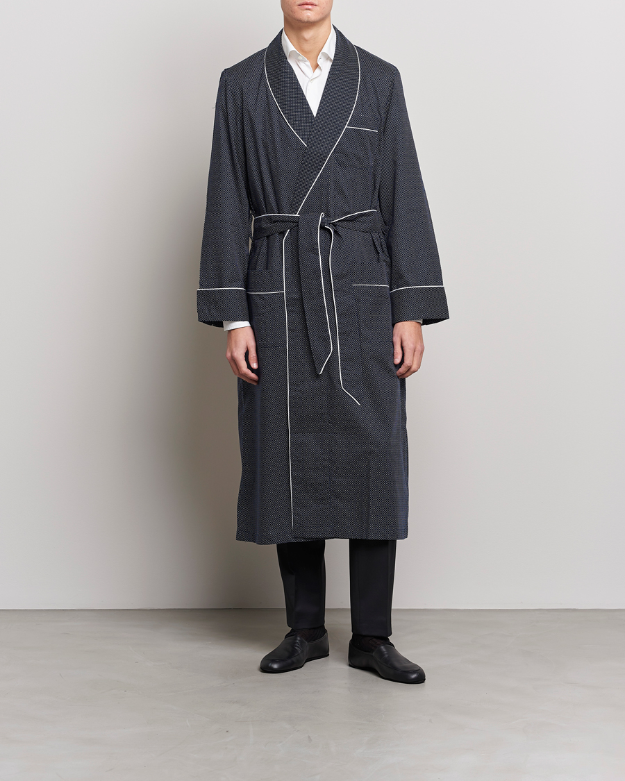 Men | Pyjamas & Robes | Derek Rose | Polka Dot Cotton Satin Dressing Gown Navy