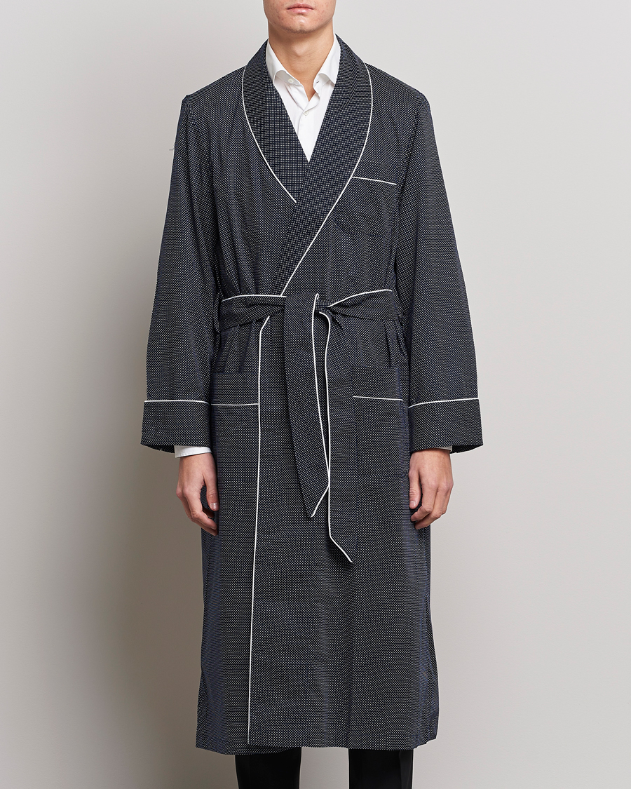 Men | Pyjamas & Robes | Derek Rose | Polka Dot Cotton Satin Dressing Gown Navy
