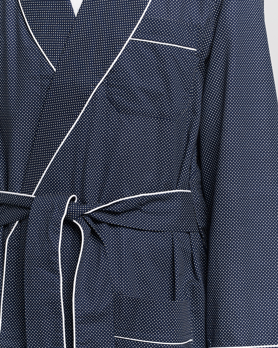 Men | Pyjamas & Robes | Derek Rose | Polka Dot Cotton Satin Dressing Gown Navy