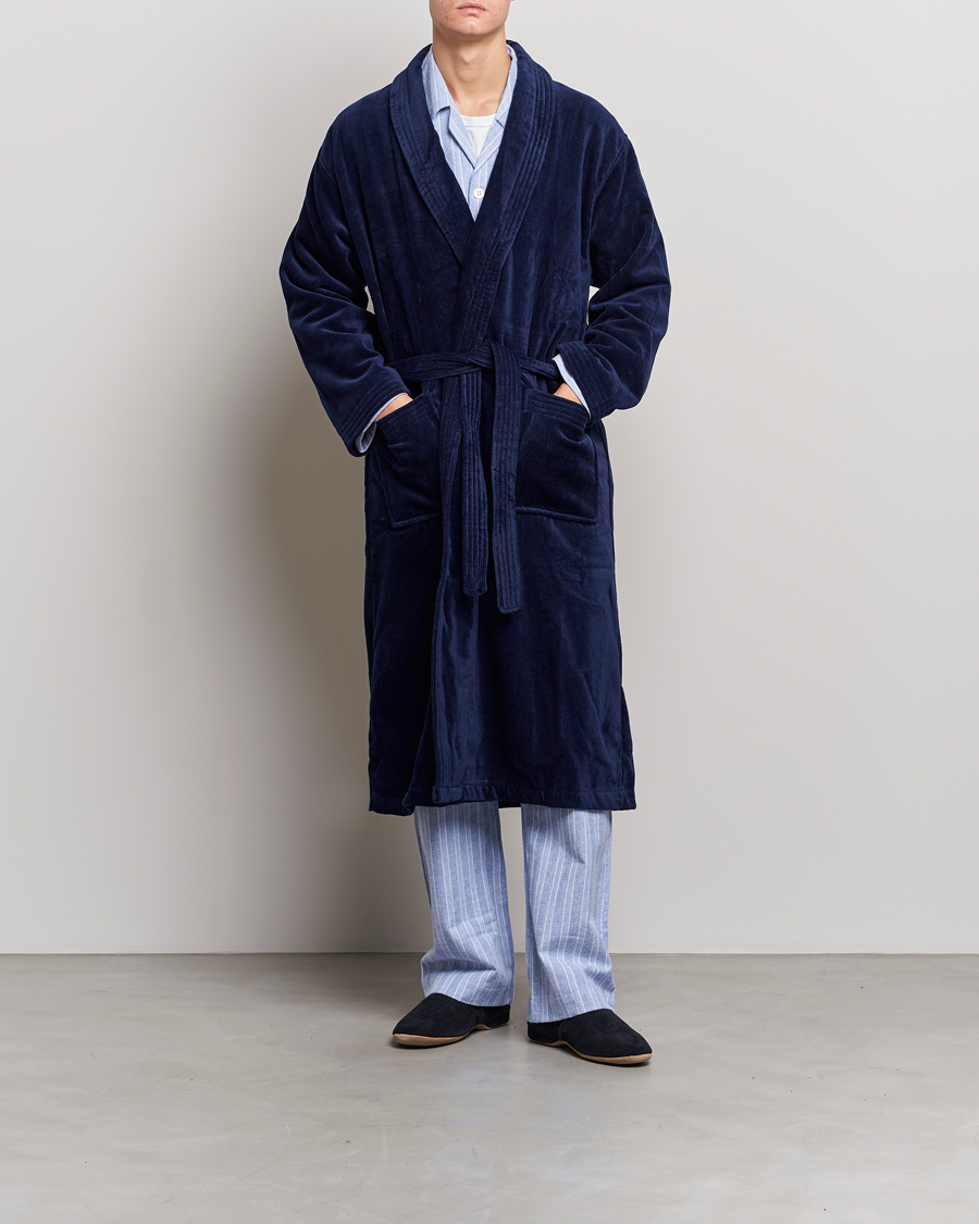 Men | Pyjamas & Robes | Derek Rose | Cotton Velour Gown Navy
