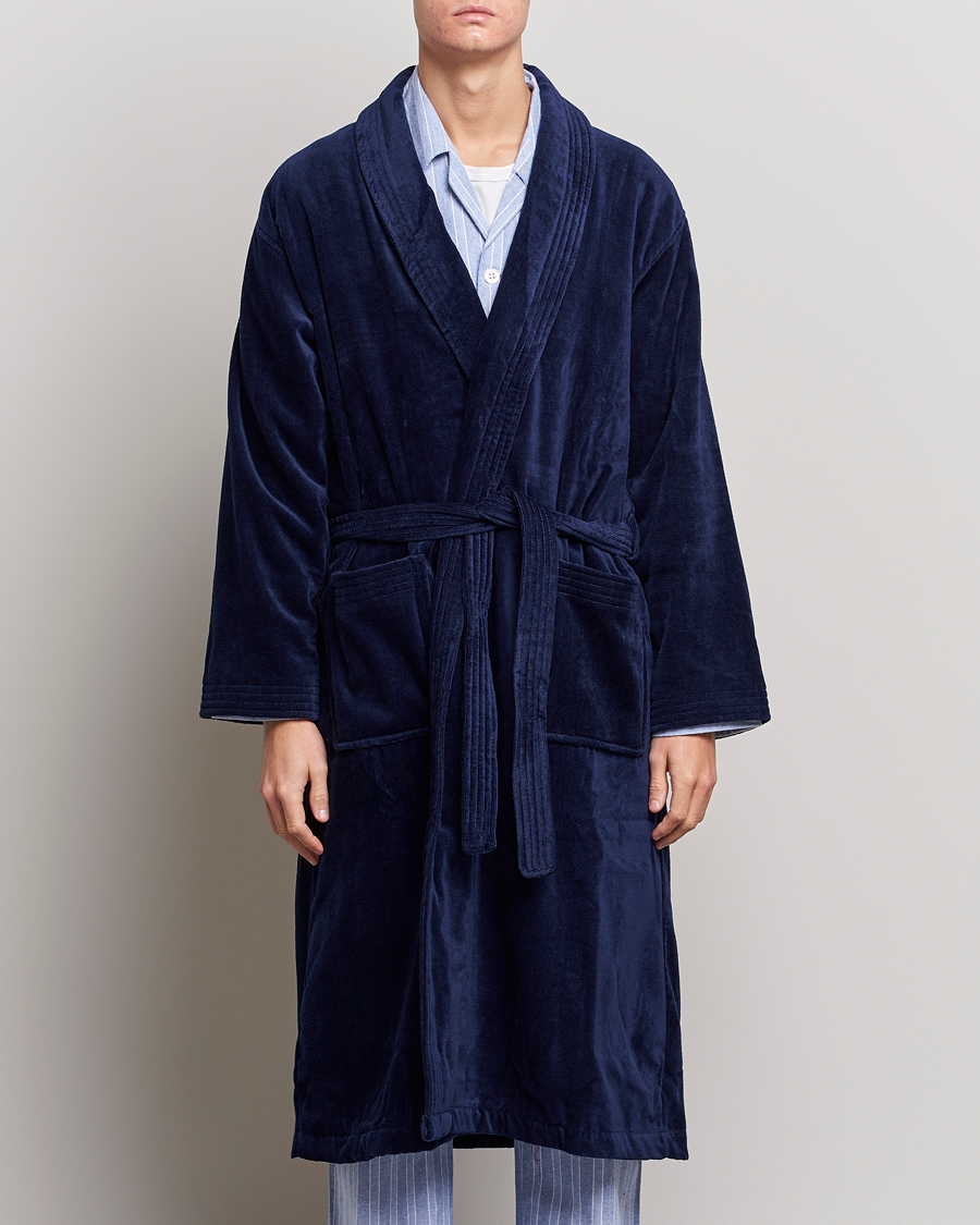 Men | Pyjamas & Robes | Derek Rose | Cotton Velour Gown Navy