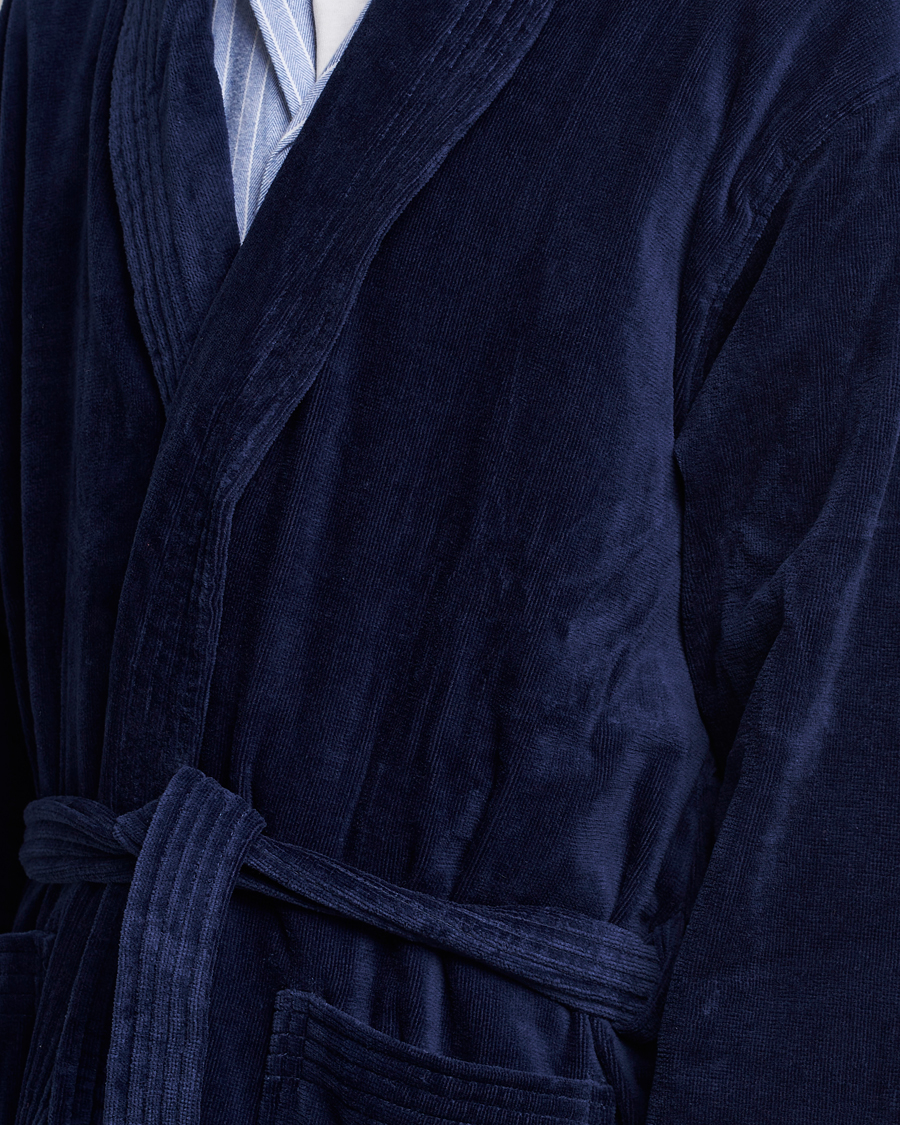 Men | Pyjamas & Robes | Derek Rose | Cotton Velour Gown Navy