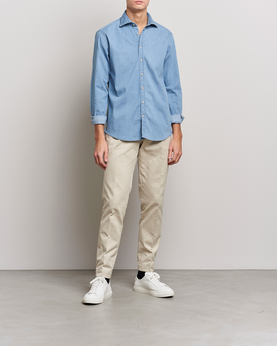 Men | Shirts | Stenströms | Fitted Body Garment Washed Shirt Light Denim