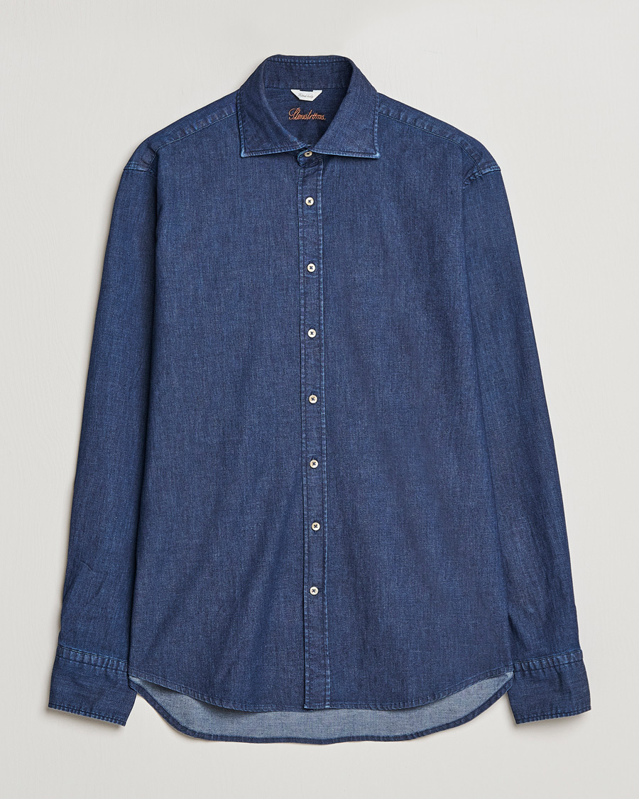 Men | Shirts | Stenströms | Fitted Body Garment Washed Shirt Dark Denim