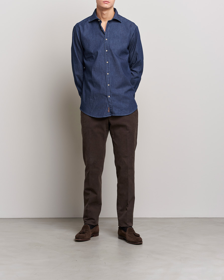 Men | Shirts | Stenströms | Fitted Body Garment Washed Shirt Dark Denim
