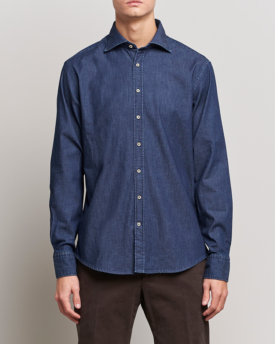 Men | Shirts | Stenströms | Fitted Body Garment Washed Shirt Dark Denim