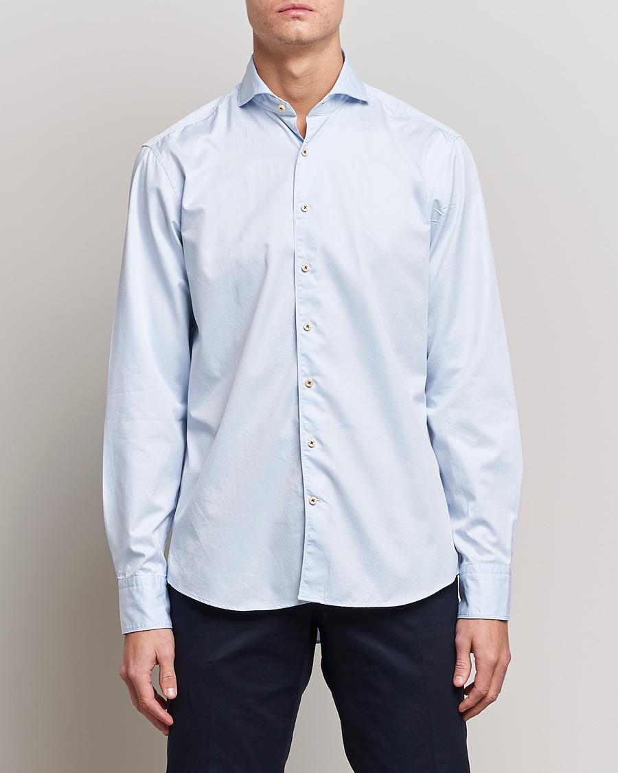 Men | Shirts | Stenströms | Fitted Body Washed Cotton Plain Shirt Light Blue