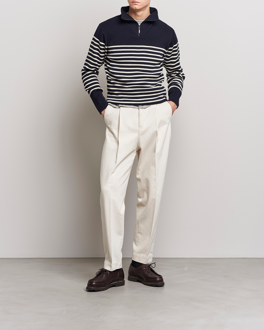 Men | Sweaters & Knitwear | Armor-lux | Camionneur Héritage Striped Half Zip Navy/Nature