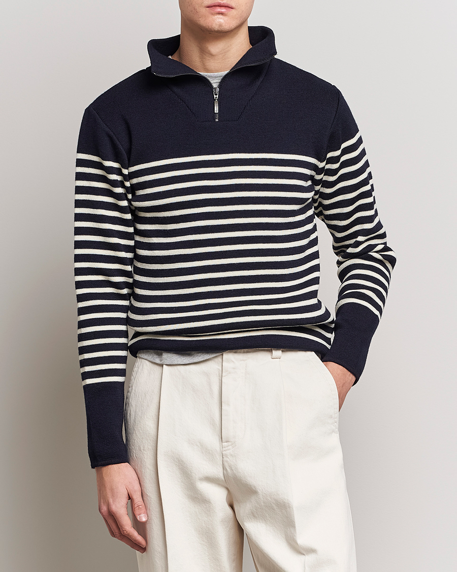 Men | Sweaters & Knitwear | Armor-lux | Camionneur Héritage Striped Half Zip Navy/Nature