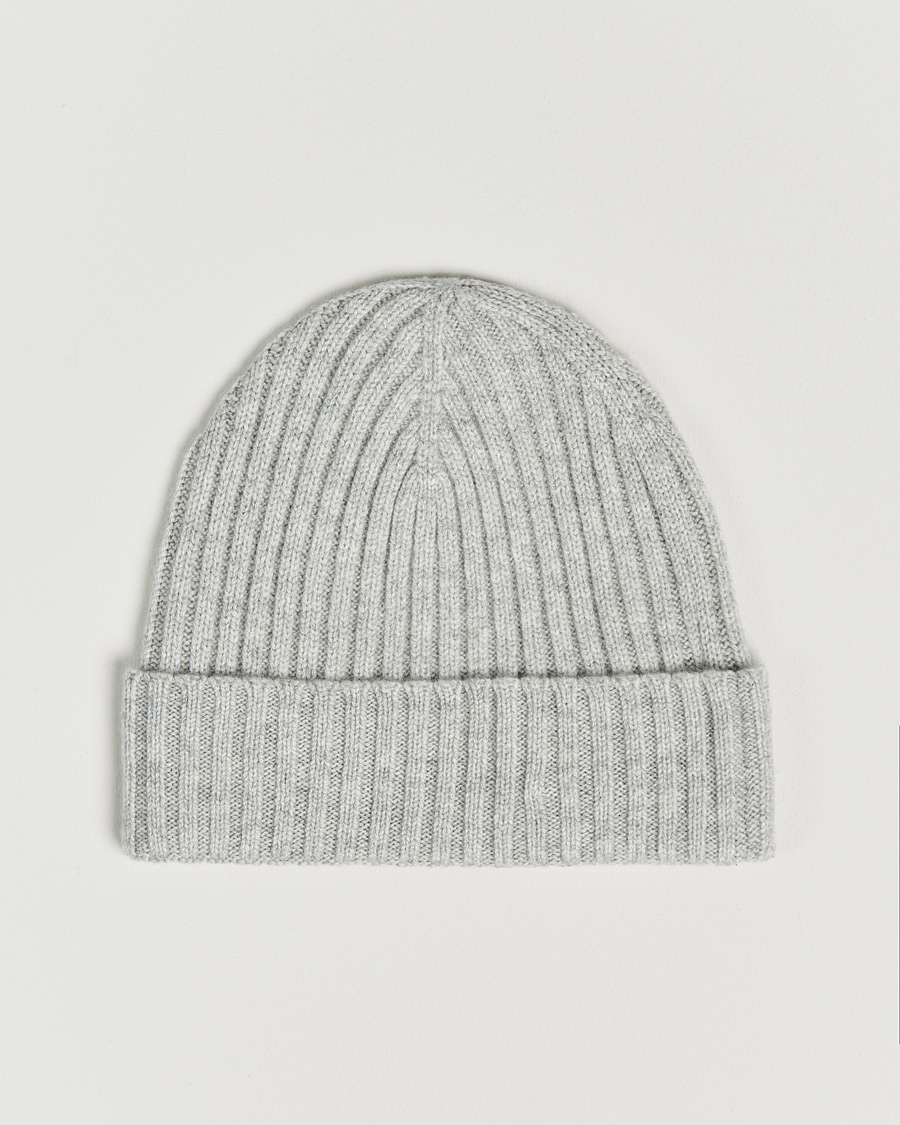 Men | Beanies | Amanda Christensen | Rib Knitted Cashmere Cap Light Grey Melange