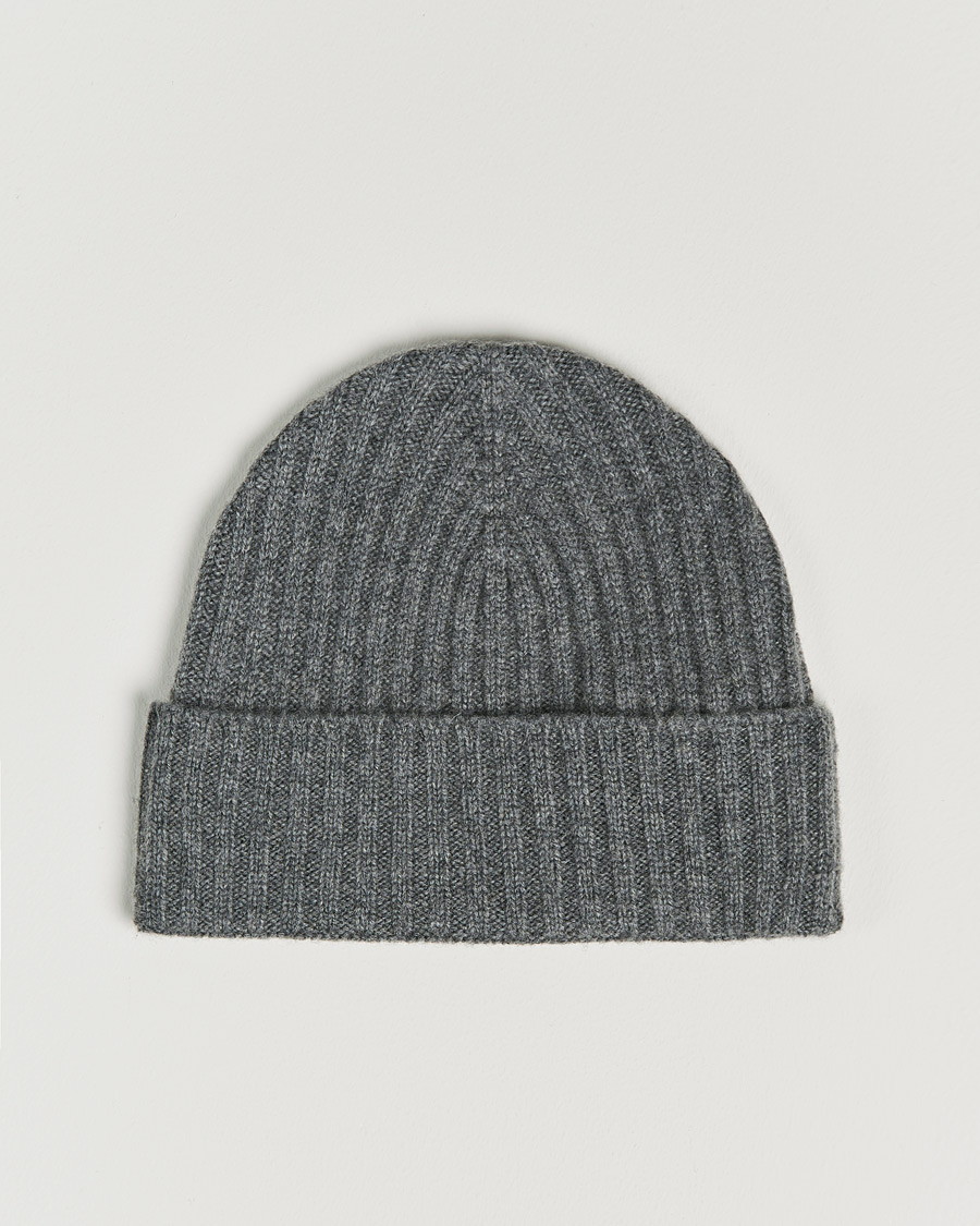 Men | Beanies | Amanda Christensen | Rib Knitted Cashmere Cap Grey Melange