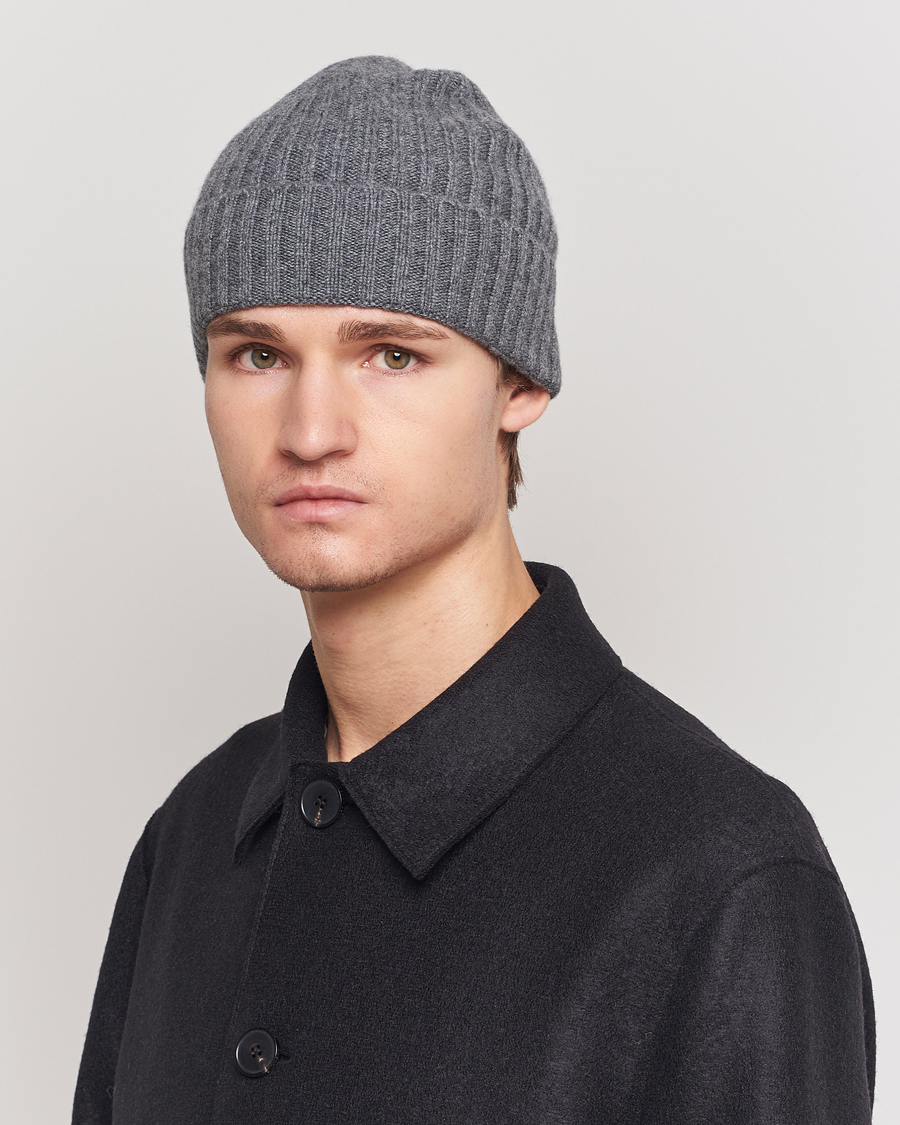 Men | Beanies | Amanda Christensen | Rib Knitted Cashmere Cap Grey Melange