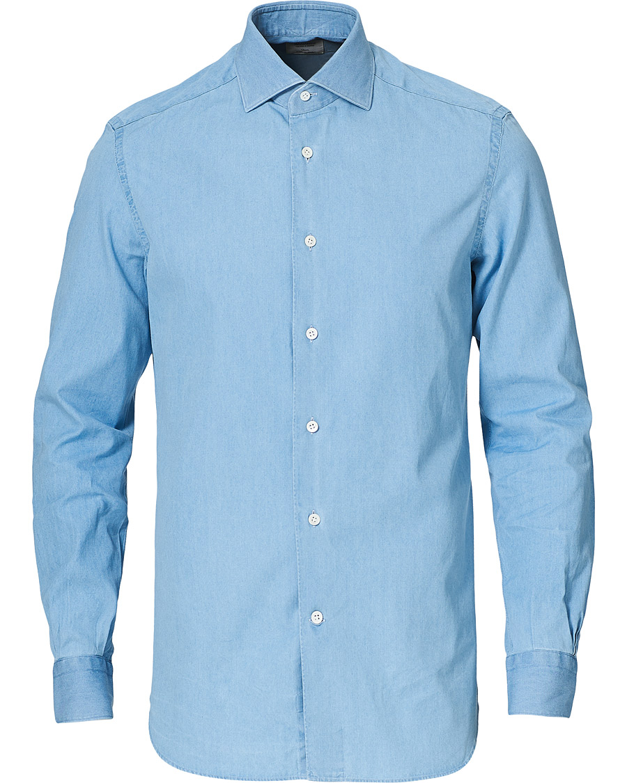 Men | Shirts | Mazzarelli | Soft Cut Away Denim Shirt Light Indigo