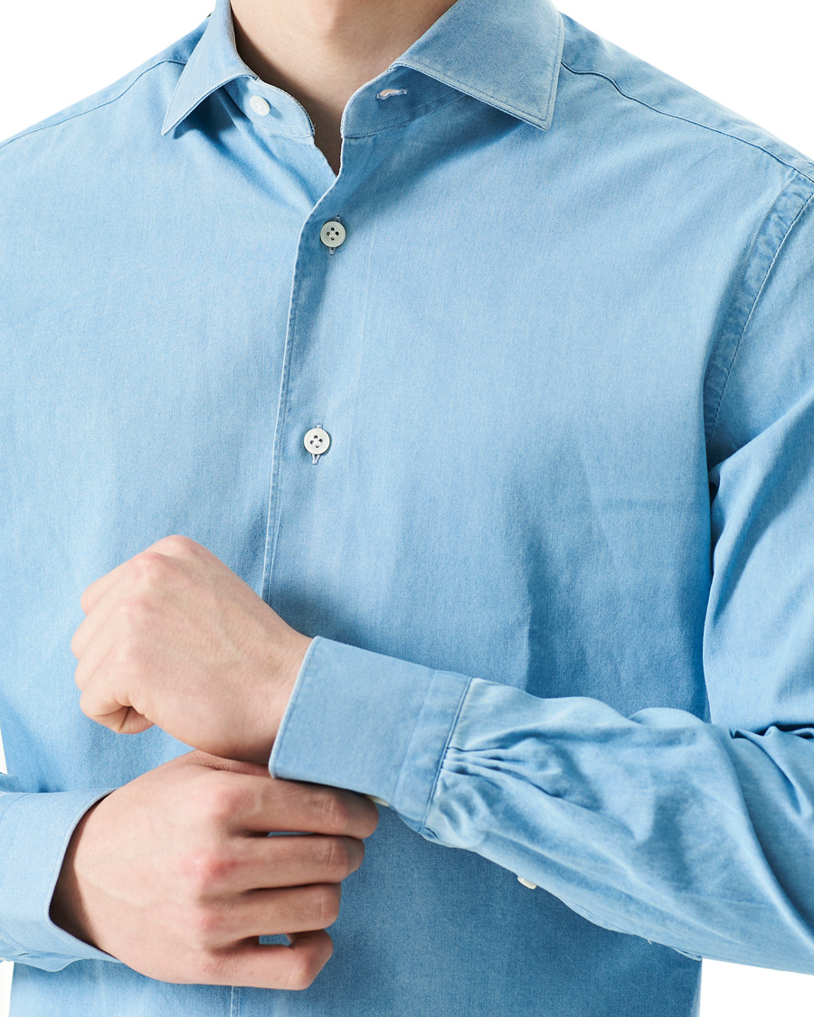 Men | Shirts | Mazzarelli | Soft Cut Away Denim Shirt Light Indigo