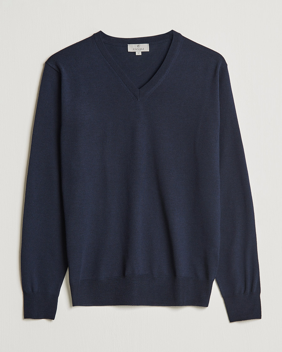 Men | Sweaters & Knitwear | Canali | Merino Wool V-Neck Navy