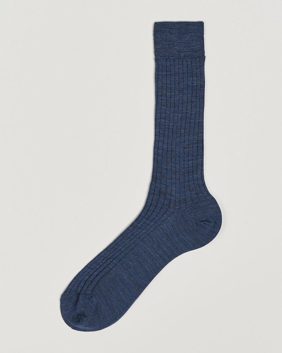 Men | Underwear & Socks | Bresciani | Wool/Nylon Ribbed Short Socks Blue Melange
