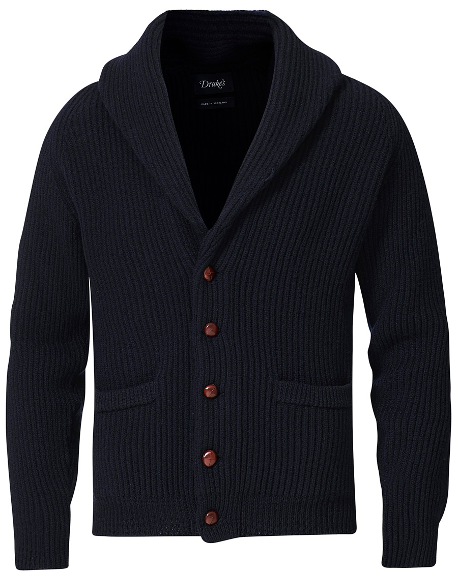 Men | Sweaters & Knitwear | Drake's | Shawl Collar Rib Cardigan Navy