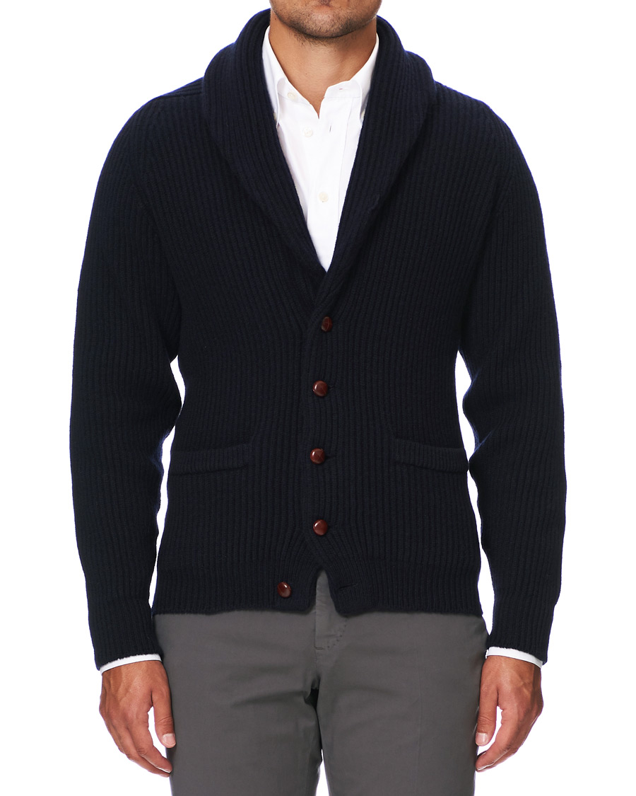 Men | Sweaters & Knitwear | Drake's | Shawl Collar Rib Cardigan Navy