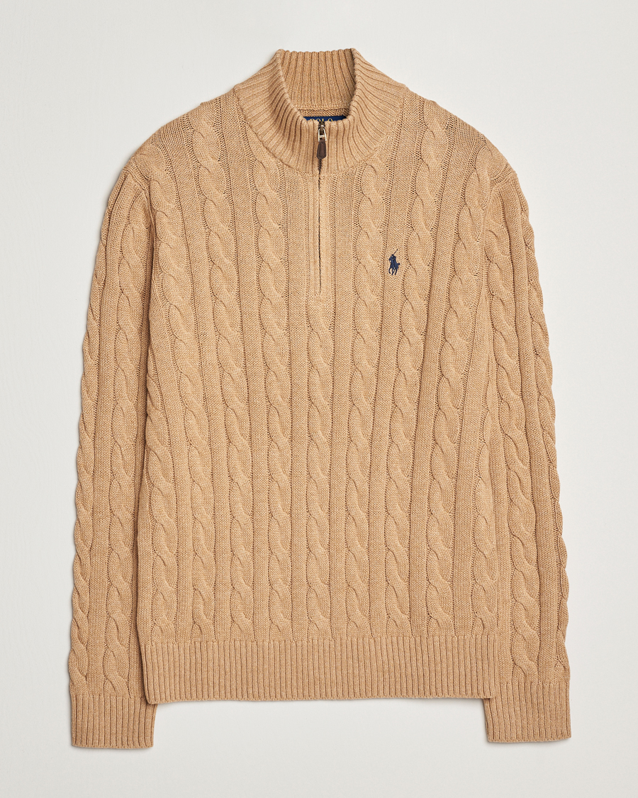 Men | Sweaters & Knitwear | Polo Ralph Lauren | Cotton Cable Half Zip Camel Melange