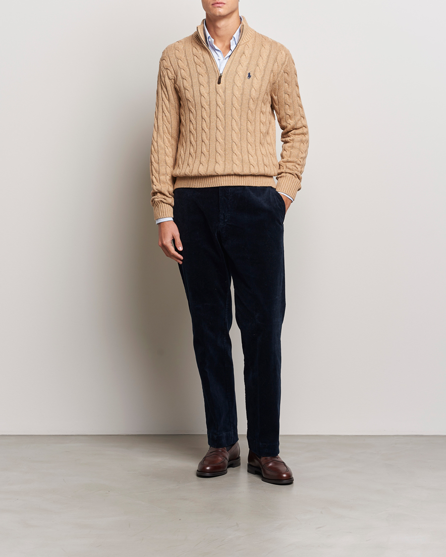 Men | Sweaters & Knitwear | Polo Ralph Lauren | Cotton Cable Half Zip Camel Melange