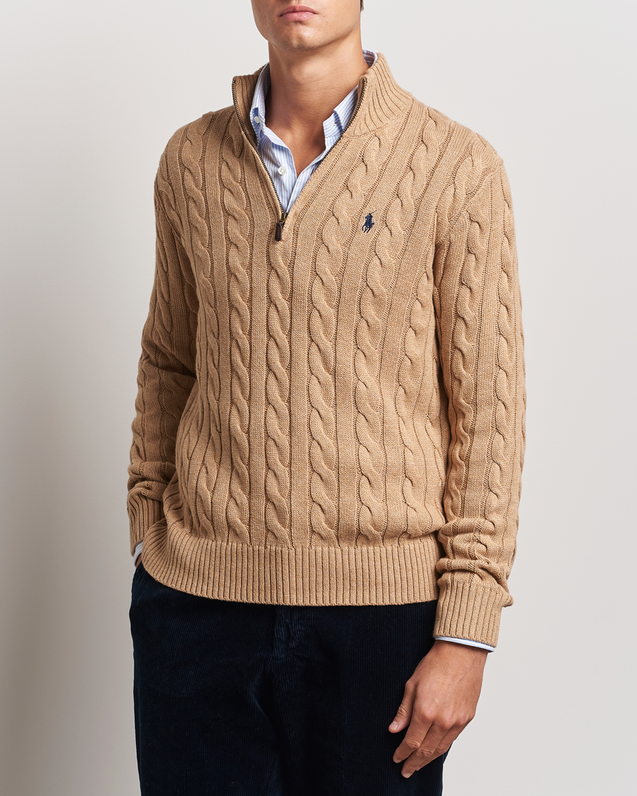 Men | Sweaters & Knitwear | Polo Ralph Lauren | Cotton Cable Half Zip Camel Melange