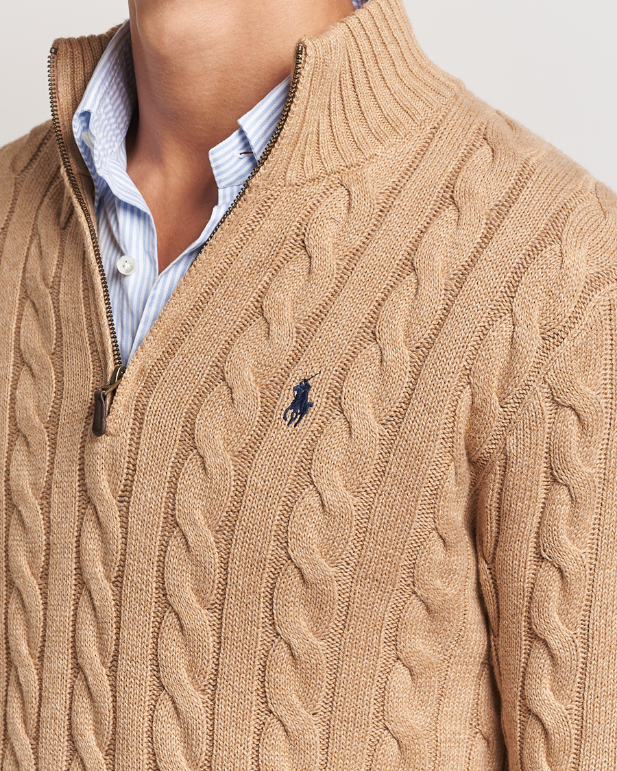 Men | Sweaters & Knitwear | Polo Ralph Lauren | Cotton Cable Half Zip Camel Melange