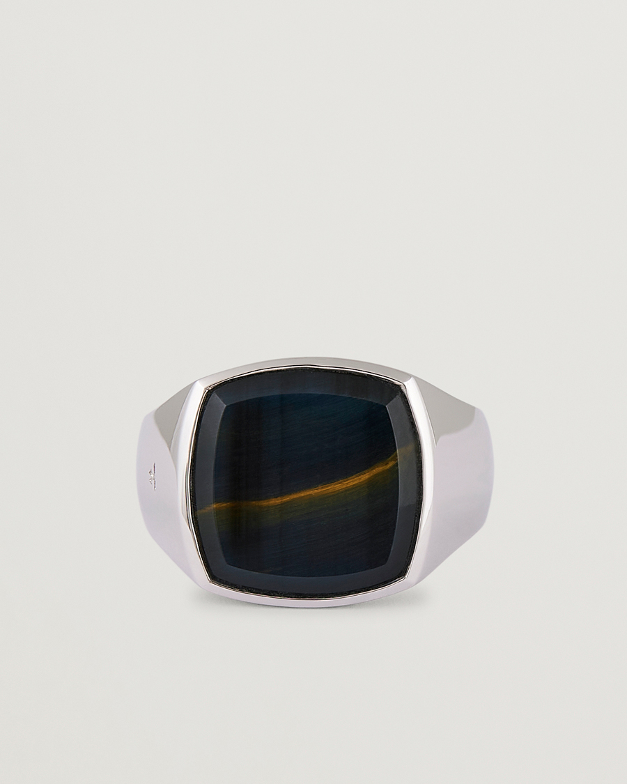 Men | Jewellery | Tom Wood | Cushion Blue Hawk Eye Ring Silver