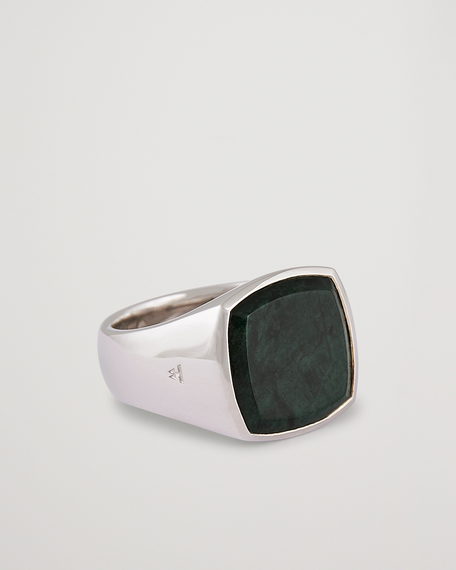 Men | Tom Wood Cushion Green Marble Ring Silver XL - 64 | Tom Wood | Cushion Green Marble Ring Silver XL - 64