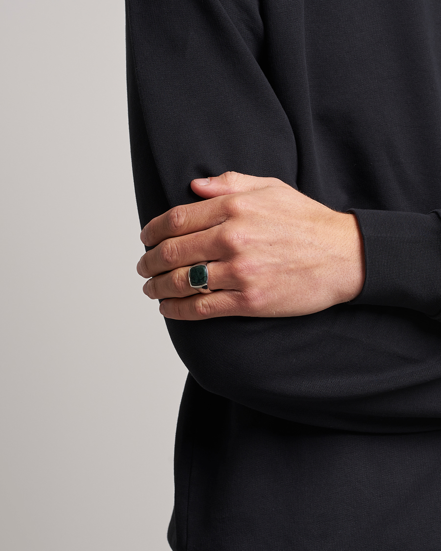 Men | Tom Wood Cushion Green Marble Ring Silver XL - 64 | Tom Wood | Cushion Green Marble Ring Silver XL - 64