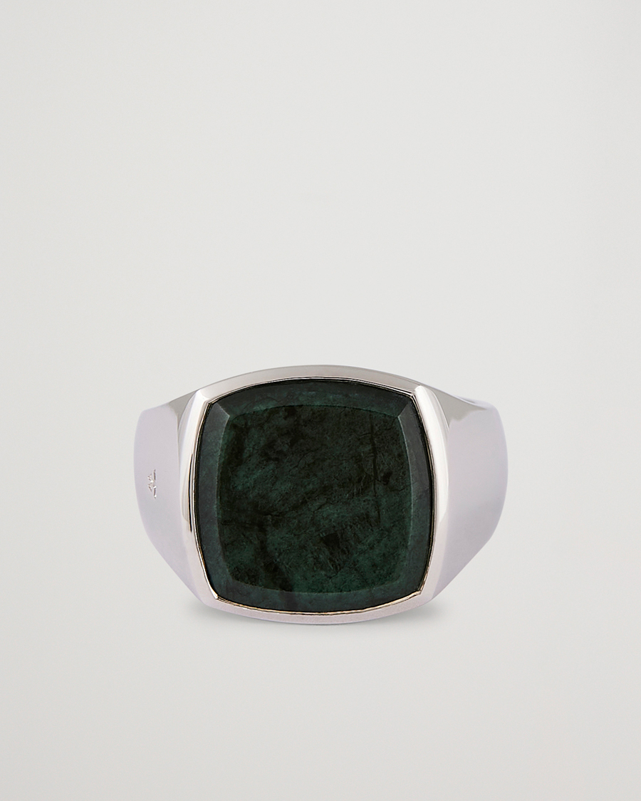 Men | Tom Wood Cushion Green Marble Ring Silver XL - 64 | Tom Wood | Cushion Green Marble Ring Silver XL - 64